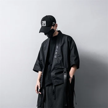 2020 M. Japonijos Tradicinių Kimono Megztinis Juodas Medvilnės Mados Etape Haori Samurajus Cosplay Kostiumų Kinų Stiliaus Kailis Streetwear