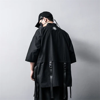 2020 M. Japonijos Tradicinių Kimono Megztinis Juodas Medvilnės Mados Etape Haori Samurajus Cosplay Kostiumų Kinų Stiliaus Kailis Streetwear