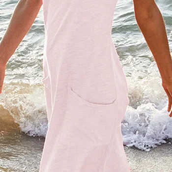 2020 M Moteris Laisvalaikio Vientisos Spalvos Sundress O Kaklo, Rankovių Kišenės Prarasti Paplūdimys Suknelė Be Rankovių Šalies Paplūdimys Suknelė Moterims Vestidos