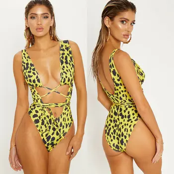2020 m. Moteris Vienos dalies sexy Leopardas Spausdinti Push up Maudymosi kostiumai Tvarstis kryžiaus Backless Bodysuit