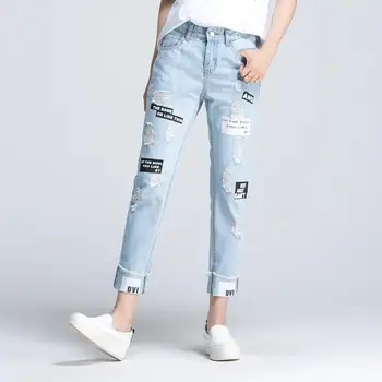 2020 m. Pavasarį Laiške Spausdinti Ripped Jeans Naujas Mados Vasaros Mygtuką Skristi Vidurio Juosmens Moterų Kelnės Mėlynos Kišenėje Atsitiktinis Džinsus p433