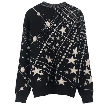 2020 m. pavasarį, rudenį ir žiemą, ištižęs vėjo star pačios žvaigždučių vidurio ilgio Megztinis juoda ir balta trikotažas laisvas megztinis femaleB-022