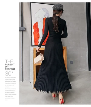 2020 M. Rudens Žiemos Aukštos Kokybės Ilgai Megzti Suknelę Moteris Black Mados Stovėti Apykaklės Slim Tirštėti Šiltas Megztinis Plisuotos Suknelė