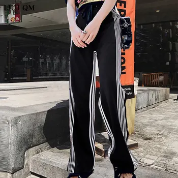 2020 M. Rudenį Harajuku Didelio Juosmens Pločio Kojų Kelnės Moterims Prarasti Dryžuotas Panelled Mygtuką Kratinys Moterų Kelnės Atsitiktinis Streetwear Banga