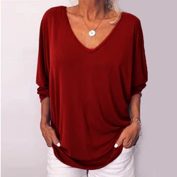 2020 m. Rudenį Moterų Mados Prarasti vientisos Spalvos Ilgą Sleevewomen T-shirtsV-kaklo Mygtuką Moterų Megztinis Seksualus Plius Dydis Topai Marškinėliai