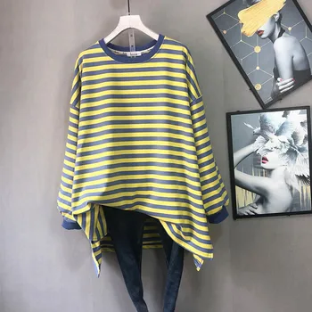 2020 m. Rudenį Naujų Atvykimo korėjos Versija Prarasti Plus Size Spalvos Dryžuotas marškinėliai Vidutinio ilgio ilgomis rankovėmis T-shirt Moterims, Nemokamas Pristatymas