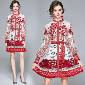 2020 m. Rudenį Naujų Mados Vyriški Dizaineris kilimo ir tūpimo Tako Suknelė Vintage Gėlių Spausdinti Stovėti Apykaklės, Žibintų Rankovės Mini Suknelė su Diržu