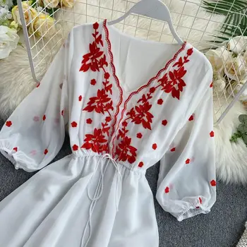 2020 m. rudenį naujų moterų V apykaklės Išsiuvinėti gėlių nėriniai-up šifono pasakų suknelė moterų elegantiškas sluoksniuotos rankovėmis juosmens A-line dresses