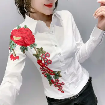 2020 m. Rudenį OLIS Balta palaidinė Naujas Slim siuvinėjimo Viršūnes dizaino Elegantiškas ilgas rankovėmis marškinėliai Moterims roupas feminina