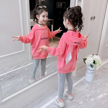 2020 m. Vaikams Drabužių Kostiumas Paauglių Mergaičių Rudenį ilgomis Rankovėmis su Gobtuvu Marškinėliai Viršuje Kelnės Vaikų Drabužių Mados Komplektus 4-10 Metų