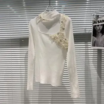 2020 m. Žiemos Megztiniai Moterims Pearl Zawalcowany Low-Cut Tuščiaviduriai Apykaklės Elegantiška Panele Megzti Marškiniai, Moteriškos Harajuku Plonas Megztinis Femme