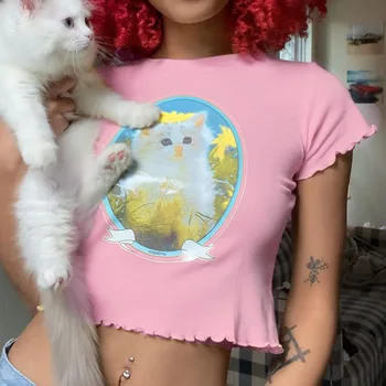 2020 Mados Moterų Cute Kačių Spausdinti marškinėliai trumpomis Rankovėmis Megztinis O Kaklas Plonas Viršų Seksualus Ruched Dugno Basic Tee Violetinė Viršūnės
