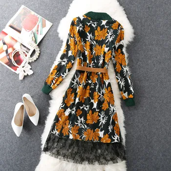 2020 Mados Rudens-Žiemos megzti Megztinis Suknelė Moterų Nėriniai Šiltas Laisvalaikio Megztiniai Plonas Diržas Šifono Gėlių Suknelės WXF663