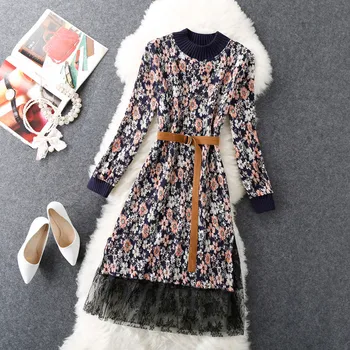 2020 Mados Rudens-Žiemos megzti Megztinis Suknelė Moterų Nėriniai Šiltas Laisvalaikio Megztiniai Plonas Diržas Šifono Gėlių Suknelės WXF663