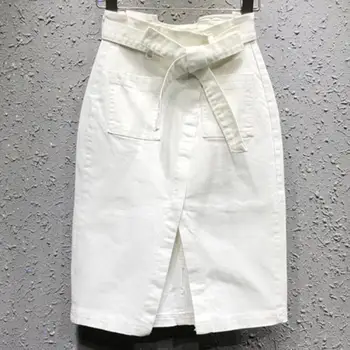 2020 metų vasaros džinsinio audinio sijonas moterys naujas baltos spalvos aukštos juosmens padalinta paketą, klubo, kelio ilgis džinsai sijonas