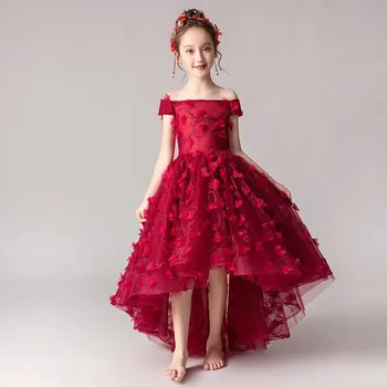 2020 metų Vasaros Elegantiškas Vaikų Mergaičių Vyno raudona Shoulderless Gimtadienis, Vestuvės Gėlės Prom Dress, Vaikams, Paaugliams Priimančiosios Kostiumas Suknelė