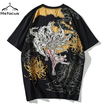 2020 metų Vasaros Japonų Anime Vyrų Ukiyo-e trumparankoviai marškinėliai Siuvinėjimo Devyni-Tailed Fox Medvilnės trumparankoviai Marškinėliai Vyrams V13