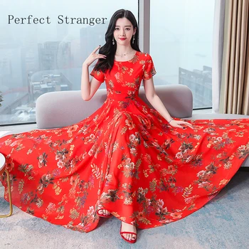 2020 Metų Vasaros Naują Atvykimo Bohemiškas Stilius Apvalios Apykaklės Trumpas Rankovės Gėlių Spausdinti Moteris Ilgą Šifono Suknelę