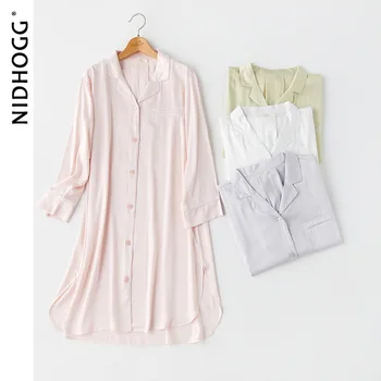 2020 metų Vasaros Rudens Nightgowns Moterims ilgomis rankovėmis Satino Sleepwear Kišenėje Miego Suknelė, Kietas Viskozė Miego Viršūnes Namų Naktiniai Drabužiai