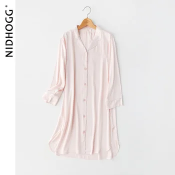 2020 metų Vasaros Rudens Nightgowns Moterims ilgomis rankovėmis Satino Sleepwear Kišenėje Miego Suknelė, Kietas Viskozė Miego Viršūnes Namų Naktiniai Drabužiai