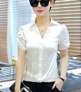 2020 metų Vasaros V-kaklo trumpomis rankovėmis šifono satino marškinėliai moterims darbe dėvėti OLIS Satin palaidinės moterims, biuro šilko viršūnės baltos spalvos šilko marškinėliai
