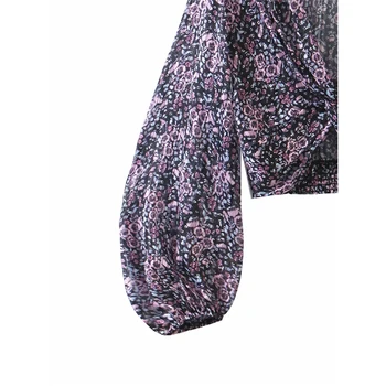 2020 moterų mados gėlių spausdinti violetinė za trumpa palaidinė elegantiškos ledi kryžiaus v-kaklo, ilgai žibintų plisuotos rankovėmis marškinėliai topai femme