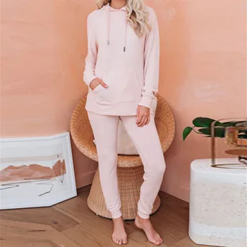 2020 Moterų Pižama Nustatyti Namų Drabužius, Namų Kostiumas Kelnės Sleepwear ilgomis Rankovėmis Atsitiktinis Gobtuvu Homewear Moterų Pižamą Paprasta