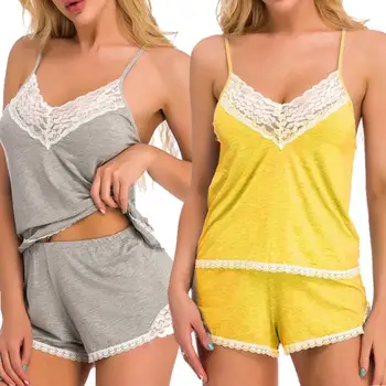 2020 Moterų Sexy V Kaklo Vientisos Spalvos Pižama, Nėriniai Hem Šortai Camisole Sleepwear Rinkinys