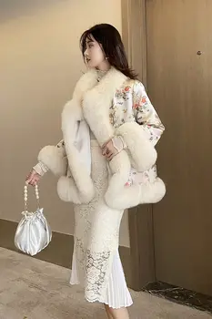 2020 Naujas Kinų Stiliaus Fox Fur Coat Teismas Ponios Satino Vidutinio ilgio Zawalcowany Dirbtiniais Kailiais Skara Striukė Moterų Žiemos Paltai Spausdinti y253