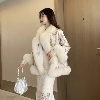 2020 Naujas Kinų Stiliaus Fox Fur Coat Teismas Ponios Satino Vidutinio ilgio Zawalcowany Dirbtiniais Kailiais Skara Striukė Moterų Žiemos Paltai Spausdinti y253