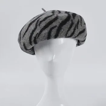 2020 Naujas Mados Zebras Spausdinti Vilnos Beretė Moterims Rudens Žiemos Prancūzijos Skrybėlės Grybo Kepurę Ponios Geltona Beretės Didmeninės