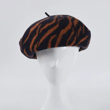2020 Naujas Mados Zebras Spausdinti Vilnos Beretė Moterims Rudens Žiemos Prancūzijos Skrybėlės Grybo Kepurę Ponios Geltona Beretės Didmeninės