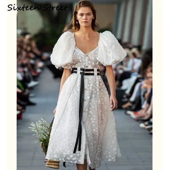 2020 Naujas Vasaros Baltos spalvos Akių Vestido Moteris Suknelė su Varčias V-kaklo Single-breasted Sluoksniuotos Rankovėmis kilimo ir tūpimo Tako Projektavimo Suknelės Moteris Šalis