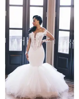 2020 Naujausias Elegantiškas Nėrinių Undinė Vestuvių Suknelės Ilgomis Rankovėmis Sexy Nėrinių Vestuvinės Suknelės Vestido De Noiva