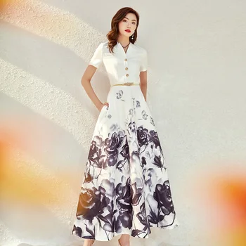 2020 Naują Pavasario ir Rudens Moterų V-Kaklo Retro Spausdinti Super Ilga Suknelė Elegantiškas Ponios Slim Hepburn Stiliaus Maxi Ilgio Suknelės
