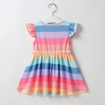 2020 Naujų Mergaičių Mados Suknelė Spalvinga Vaivorykštės Spalvų Dryžuotas Vaikų Nešioti Trumpas Rankovės Medvilnės Suknelė INS Stiliaus Drabužiai