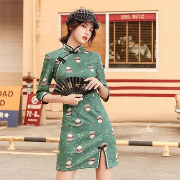 2020 Suede Derliaus Slim Ryklys Spausdinti Qipao Moterų Pusė Rankovės Kinijos Drabužių Mini Cheongsam Suknelės