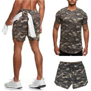 2020 tendencija sporto raumenų vyrai, broliai fitneso dviejų dalių kostiumas vyriški trumparankoviai šortai atsitiktinis kvėpuojantis greitai-džiovinimo drabužiai