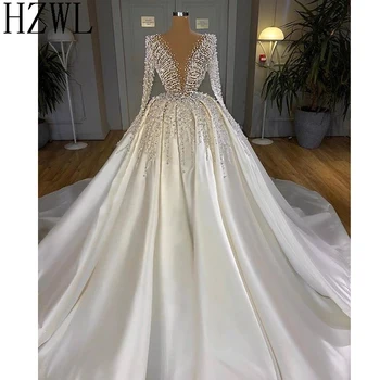 2020 Turkijos Zawalcowany Crystal White Satin Vestuvių Suknelės Dubajus Arabų Ilgomis Rankovėmis Vestuvinės Suknelės Nuotakos Suknelė Artimuosiuose Rytuose