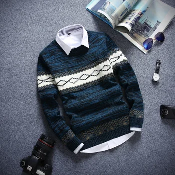 2020 vyrai patenka paaugliai ilgomis rankovėmis apvalios apykaklės trikotažas mados dryžuotas megztinis