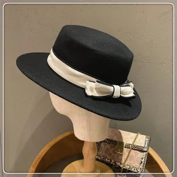 202009-axi rudens žiemos Britų stiliaus bowknot juostelės vilnos lady fedoras bžūp moterų laisvalaikio panama džiazo skrybėlę