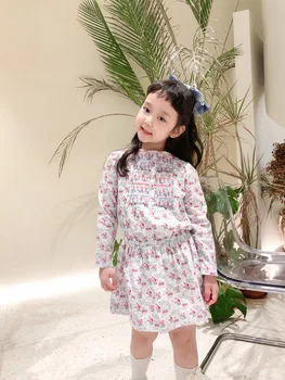 2021.8 th.Vasario Presale Kūdikių Mergaitės Raukiniais, Siuvinėta Gėlių Modelis Ilgomis Rankovėmis Medvilnės Mergaičių Suknelės