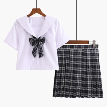 2021 Karšto Naujas Mados Japonijos Mokyklinę Uniformą Mergaičių Drabužių Puikus Anime Cosplay Kostiumas Sailor Balti Marškinėliai Pledas Sijonas Rinkiniai