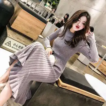 2021 m. moters suknelė storas megztinis, sijonas per kelio tingus megzti suknelę buvo plonas, rudenį ir žiemą, naujos bazės undinė sijonas žiemą