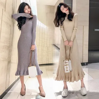 2021 m. moters suknelė storas megztinis, sijonas per kelio tingus megzti suknelę buvo plonas, rudenį ir žiemą, naujos bazės undinė sijonas žiemą