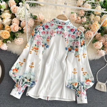 2021 m. pavasarį naujas moterų stovėti apykaklės, žibintų rankovės gėlių spausdinti šifono marškinėliai moterims, elegantiškas palaidinės pasakų marškinėliai