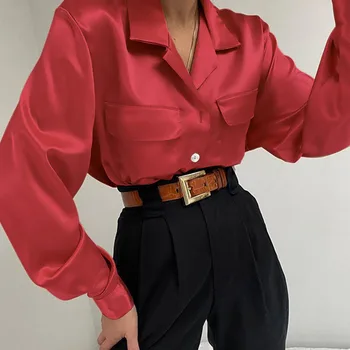 2021 m. Pavasarį Office Marškinėliai Moterims, Elegantiškas OLIS Satin Palaidinės Celmia ilgomis Rankovėmis Tunika Viršūnes Atvartas Mygtukai Šalis, Atsitiktinis, Kietas Blusas 7