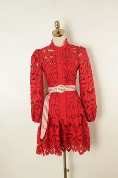 2021 m. Pavasarį Raudoni Nėriniai Siuvinėjimo Suknelė Moterų žibintų rankovės tuščiaviduriai iš single-breasted elegantiškos mados šalis suknelė moteris žiemą