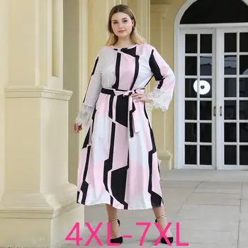 2021 m. pavasarį, rudenį plius dydis ilga suknelė moterims didelių palaidų atsitiktinis ilgomis rankovėmis nėrinių juostele O kaklo suknelės diržas 4XL 5XL 6XL 7XL