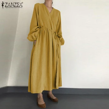 2021 Mados Moterų Suknelė ZANZEA Ponios V Kaklo Atsitiktinis Žibintų ilgomis Rankovėmis Suknelės Vidurio Blauzdos Vestidos Elegantiškas Moteris Bohemijos Skraiste